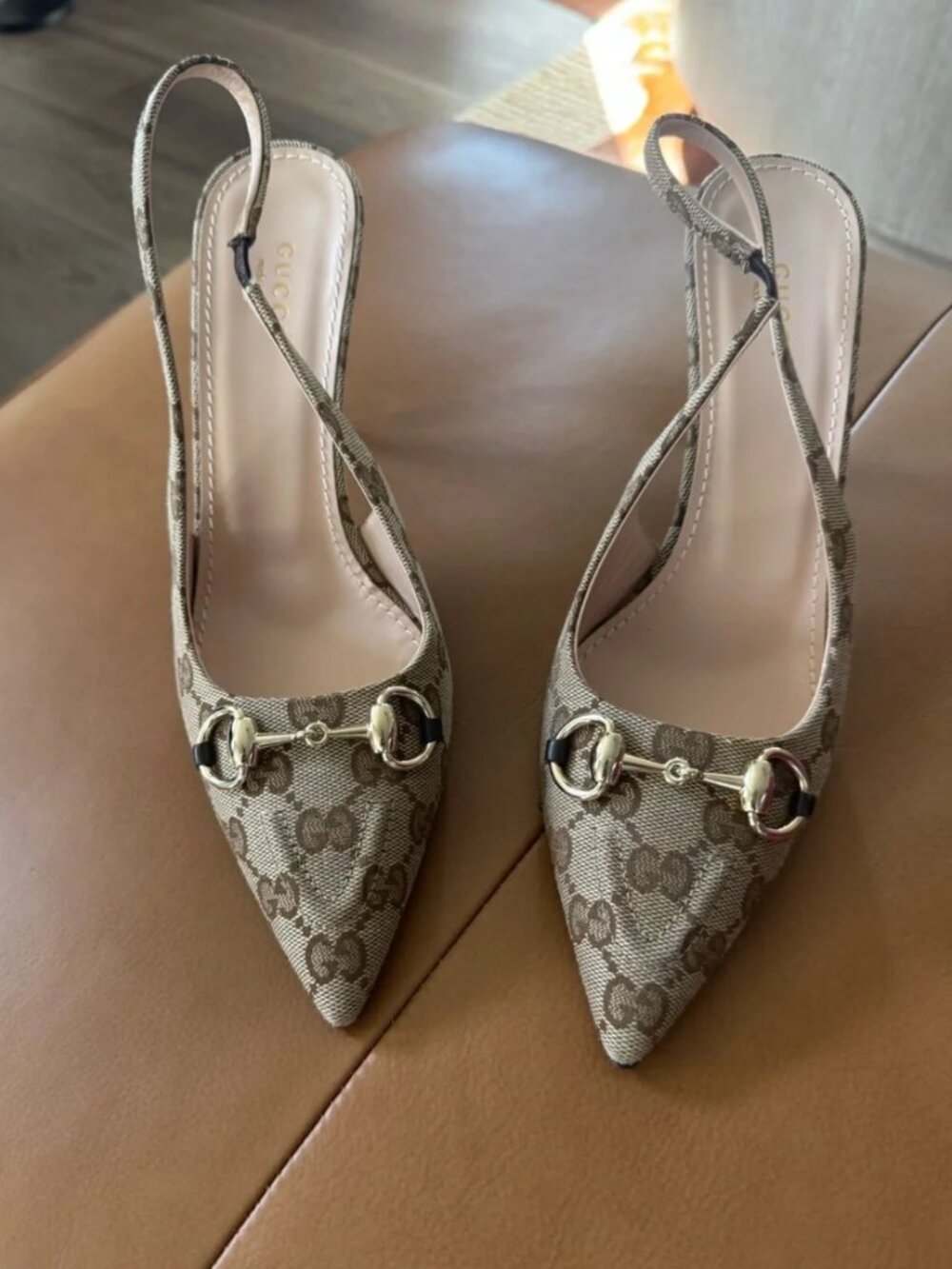 Gucci GG Supreme Horsebit Pointed Toe Slingback Heels